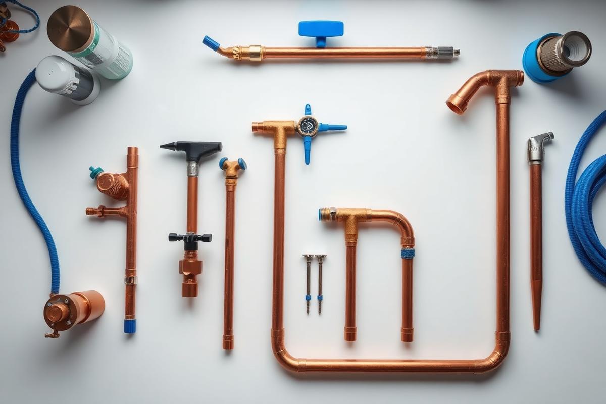 Plumbing tools and copper pipes ready for a job